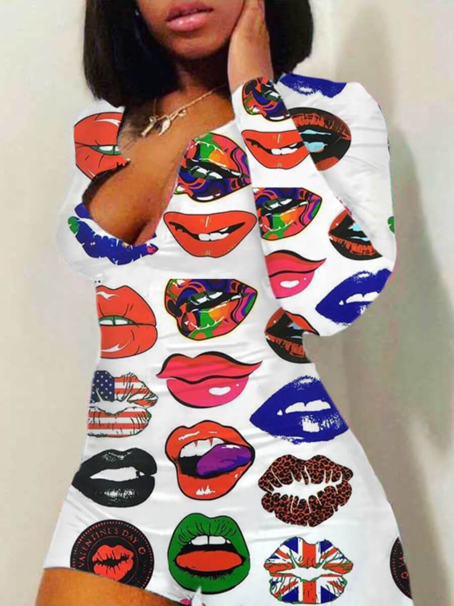 

Lovely Casual Lip Print Skinny White One-piece Romper