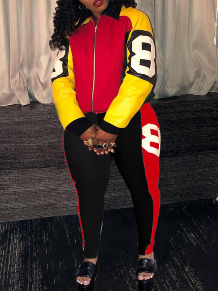 

Lovely Sportswear Print Patchwork Red Plus Size Two-piece Pants Set