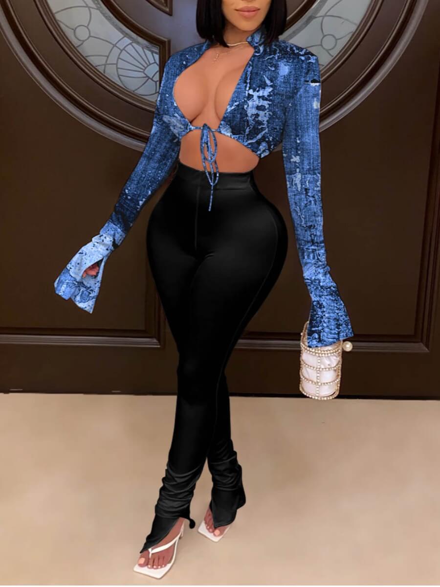 

Lovely Casual Print Lace-up Blue Two Piece Pants Set