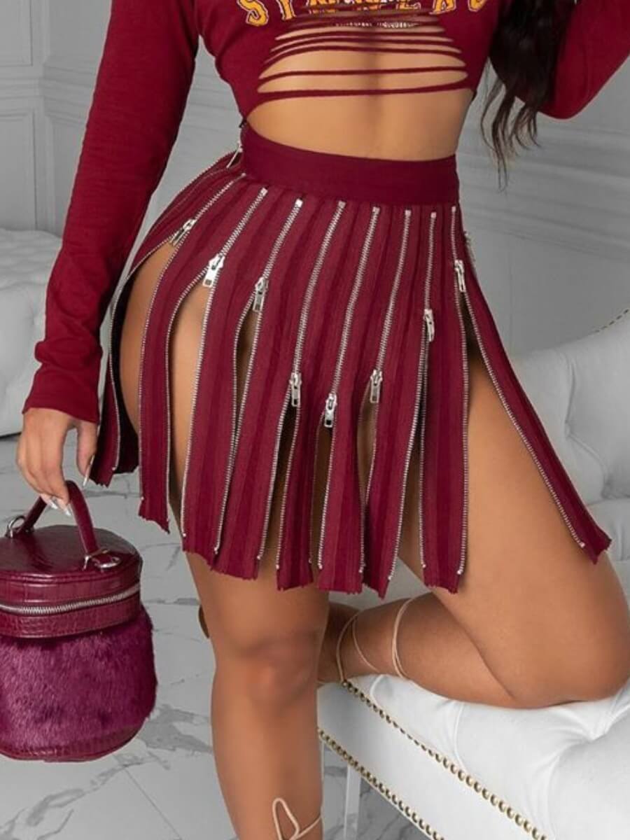 

LW SXY Trendy Zipper Design Wine Red Skirt