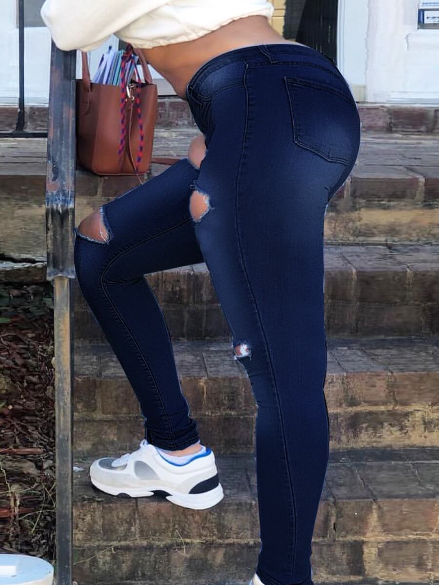 

Lovely Casual Hollow-out Deep Blue Plus Size Jeans