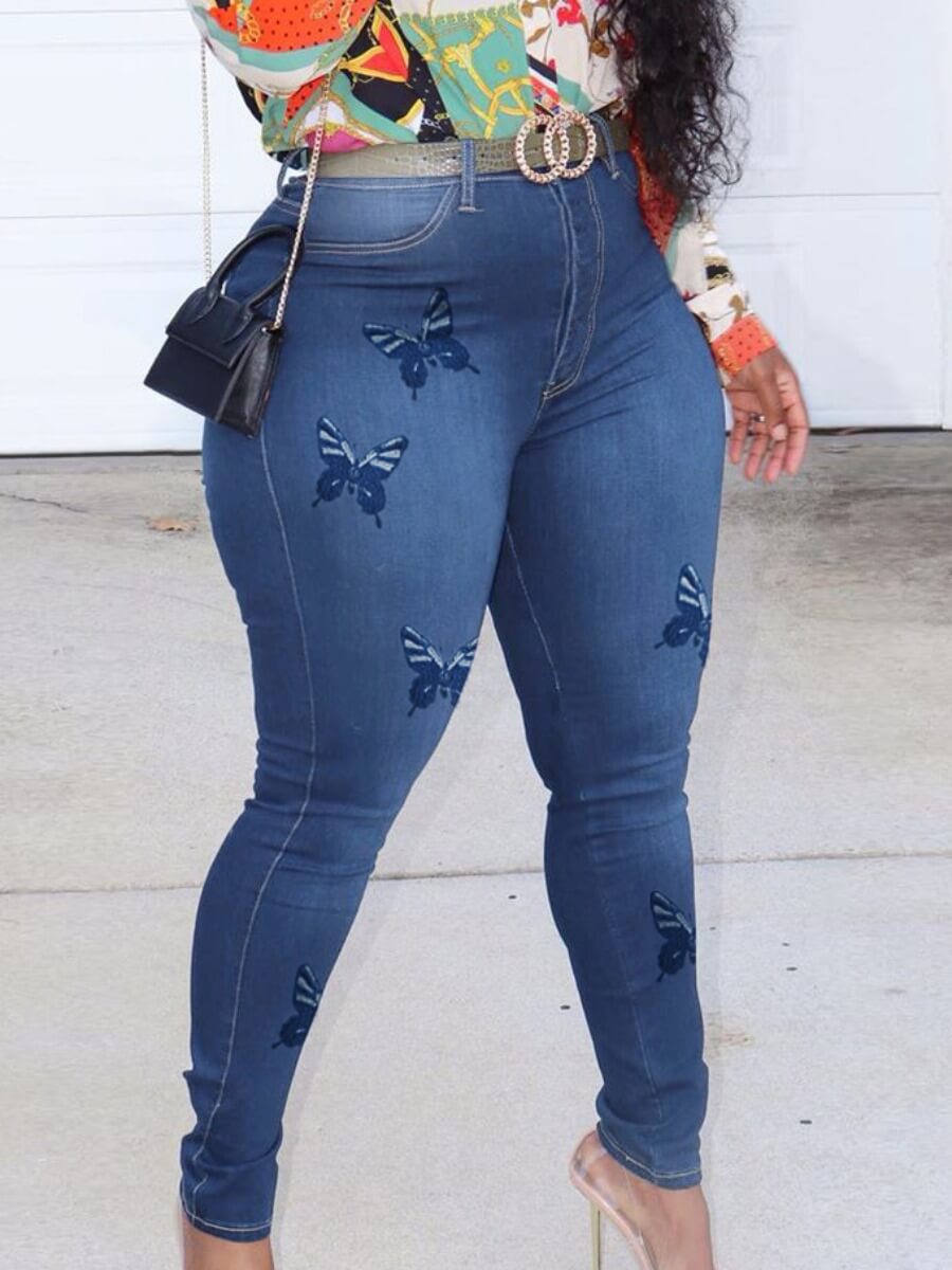 

Lovely Casual Butterfly Print Deep Blue Jeans