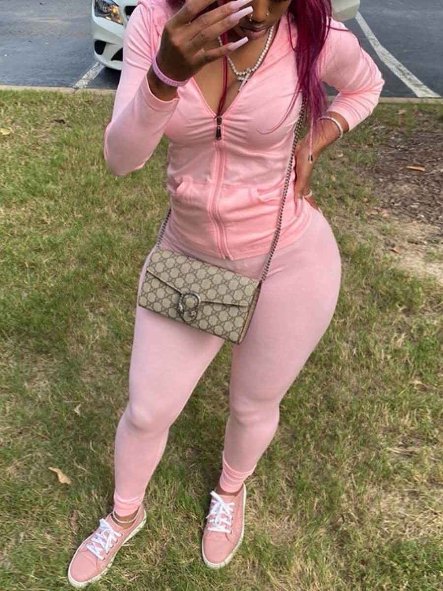 

Lovely Plus Size Casual Folds Kangaroo Pocket Pink Two-piece Pants Set