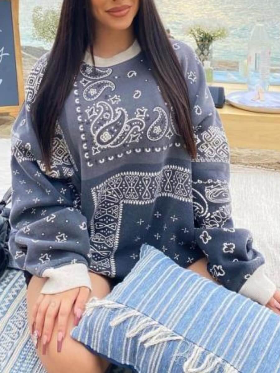 

Lovely Casual O Neck Print Loose Blue Hoodie