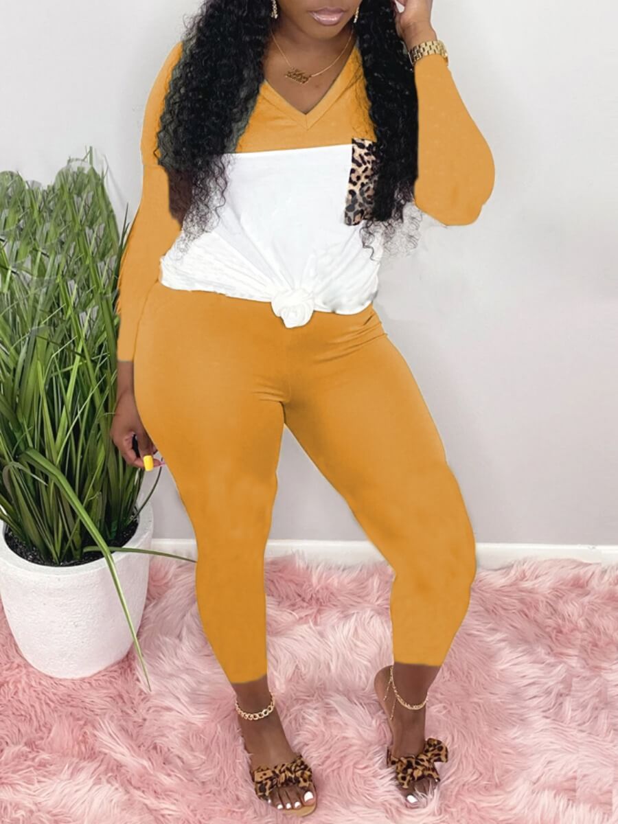 

Lovely Casual V Neck Patchwork Yellow Two Piece Pants Set