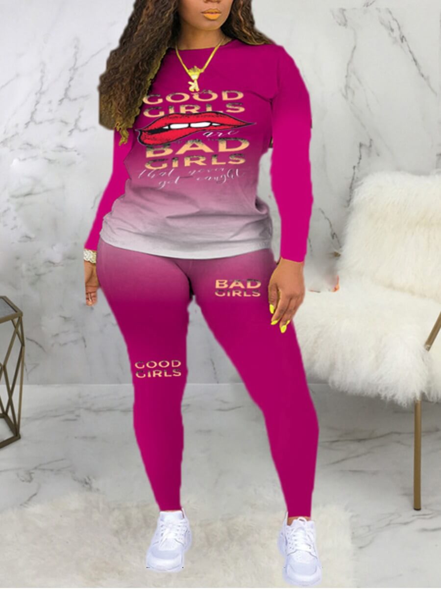 

Lovely Casual Gradient Lip Print Rose Red Two Piece Pants Set