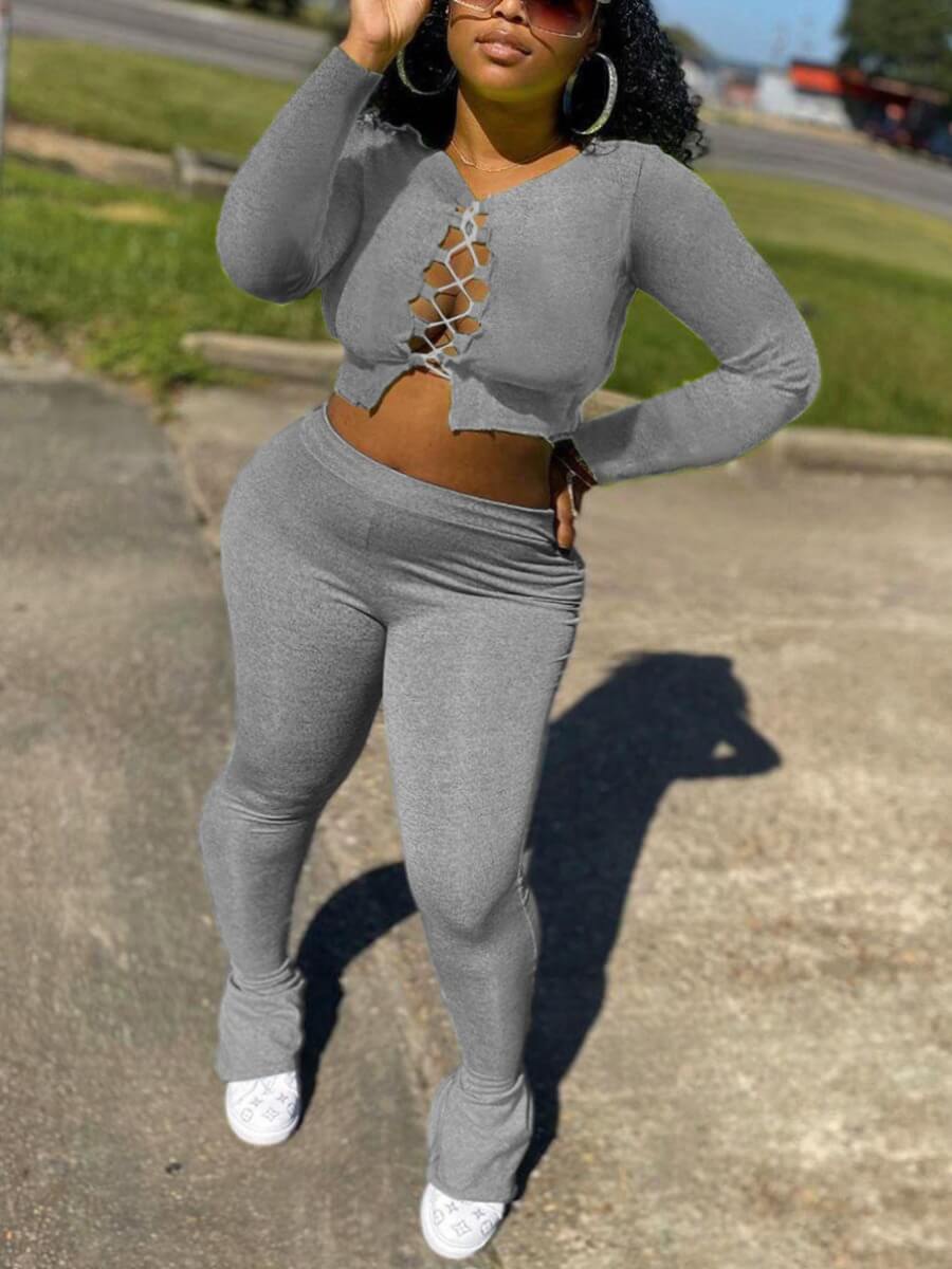

Lovely Casual Bandage Hollow-out Design Crop Top Grey Two Piece Pants Set