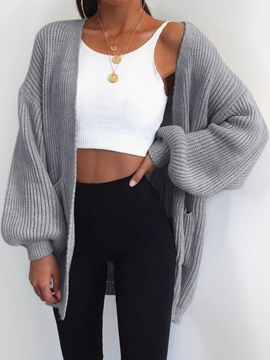 

Lovely Casual Pocket Design Loose Grey Cardigan