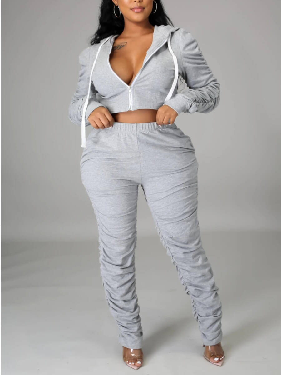 

Lovely Casual Hooded Collar Ruffle Design Grey Two Piece Pants Set