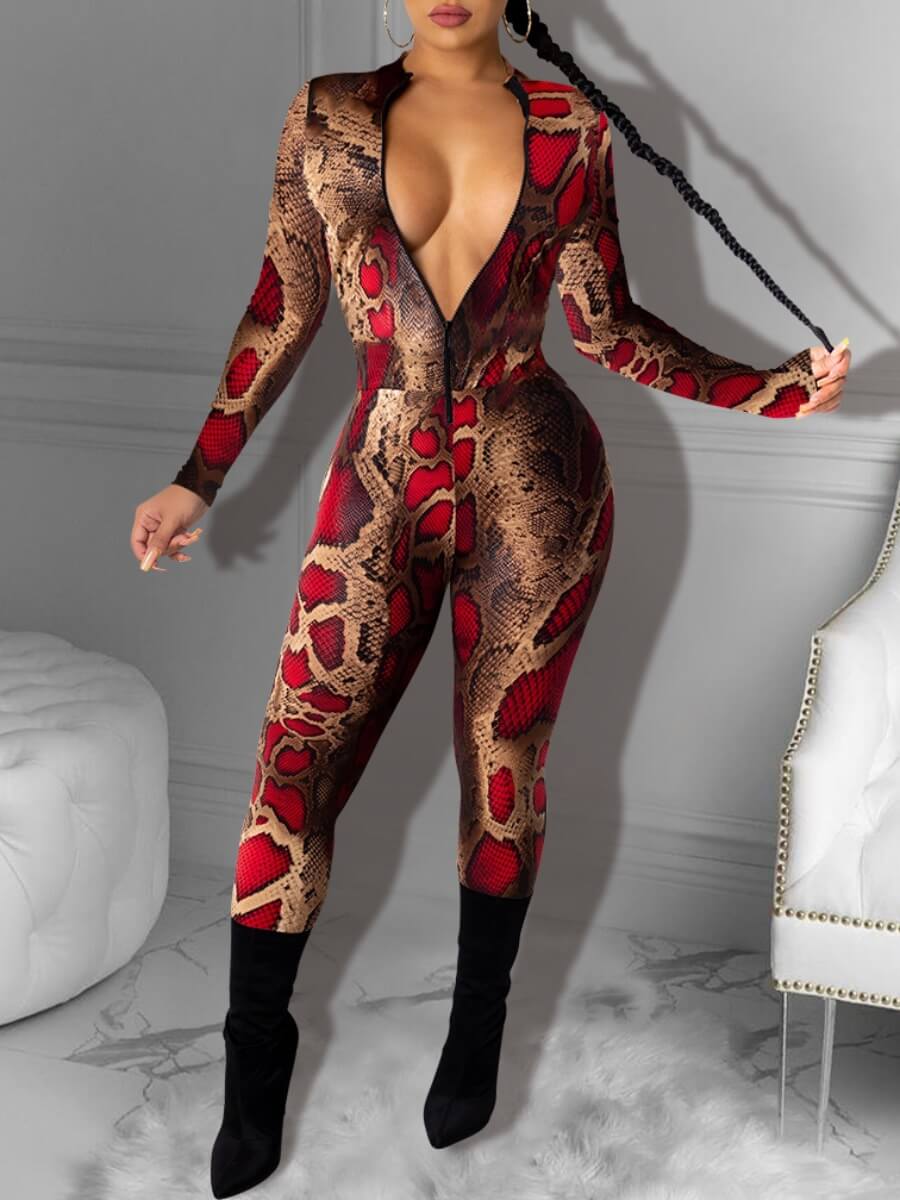 

Lovely Sexy Deep V Neck Snake Print One-piece Jumpsuit, Cobra