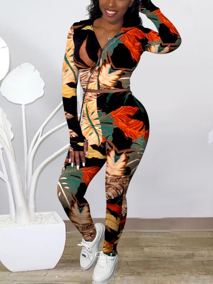 

Lovely Casual Floral Print Patchwork Black Two Piece Pants Set