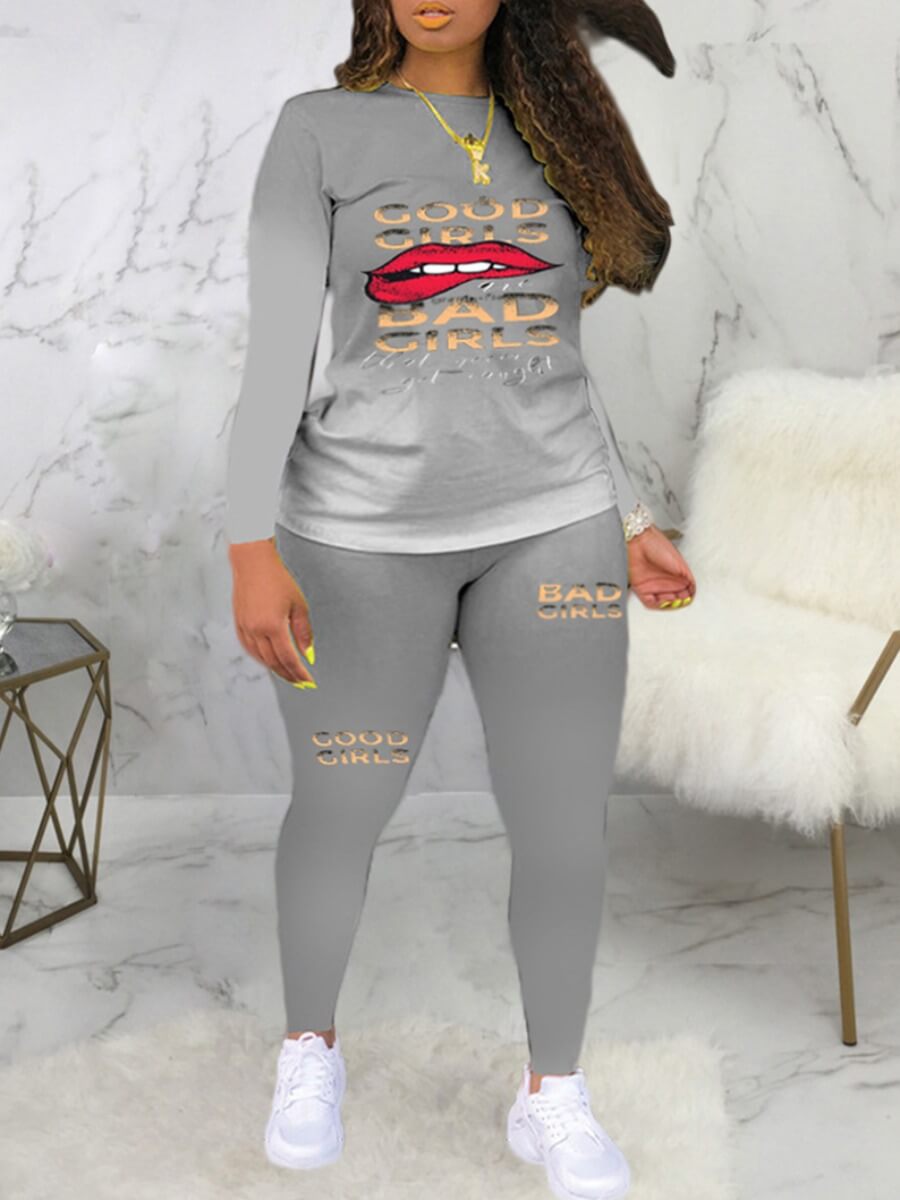

Lovely Casual Gradient Lip Print Grey Plus Size Two-piece Pants Set