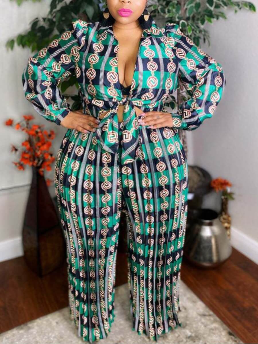 

Lovely Stylish Geometric Print Knot Design Green Plus Size One-piece Jumpsuit