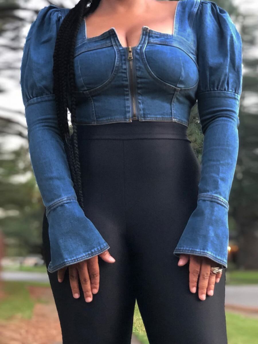 

Lovely Casual Ruffle Design Flare Sleeve Blue Denim Top