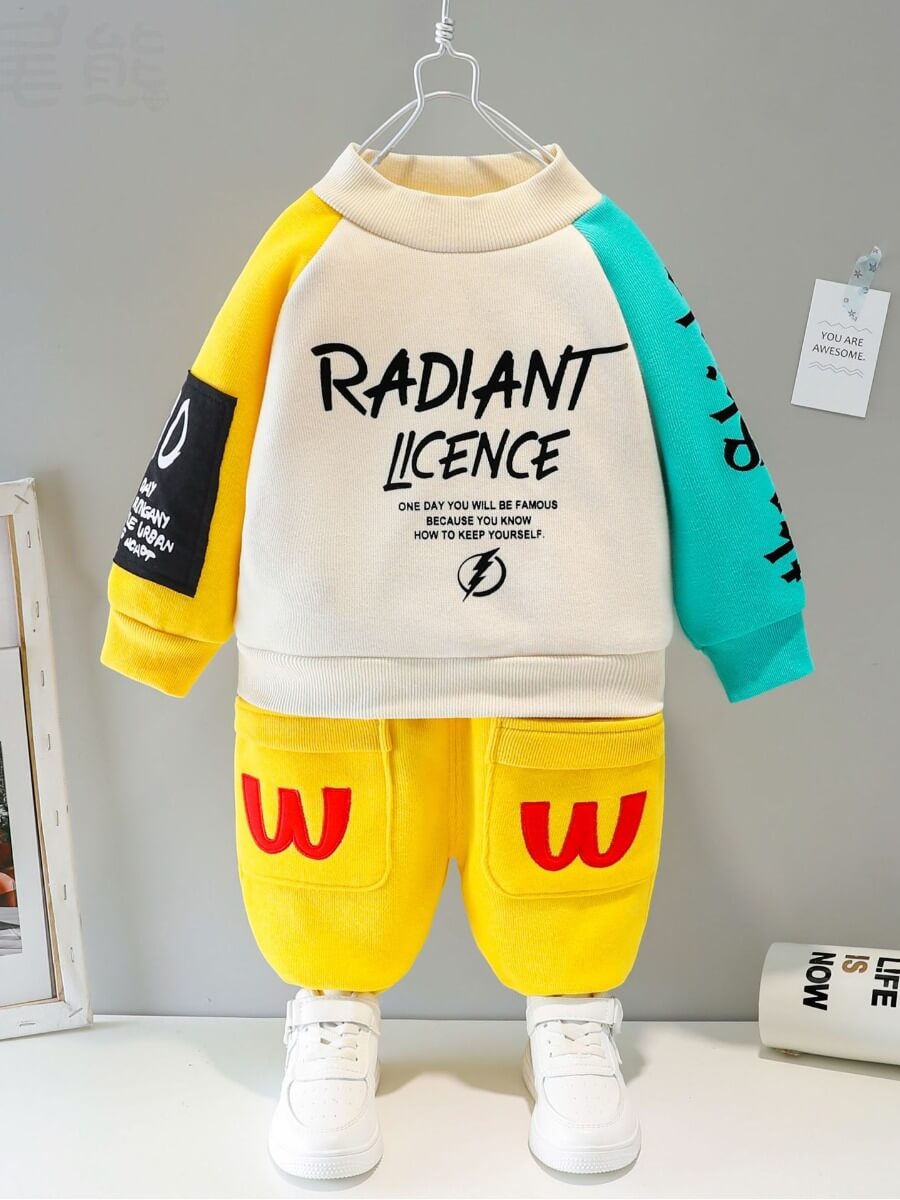

Lovely Stylish Letter Print Patchwork Yellow Two Piece Pants Set