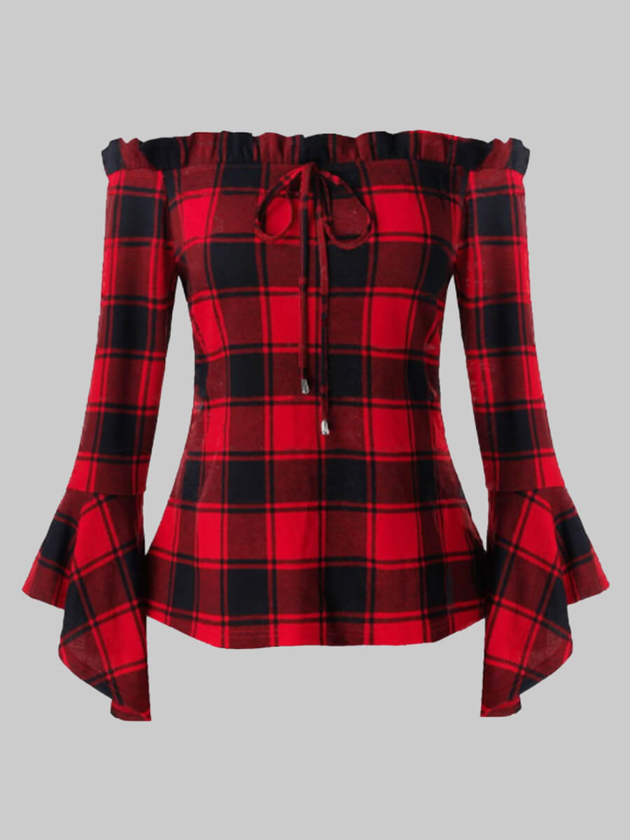 

Lovely Trendy Dew Shoulder Grid Print Black And Red Plus Size T-shirt, Red and black check