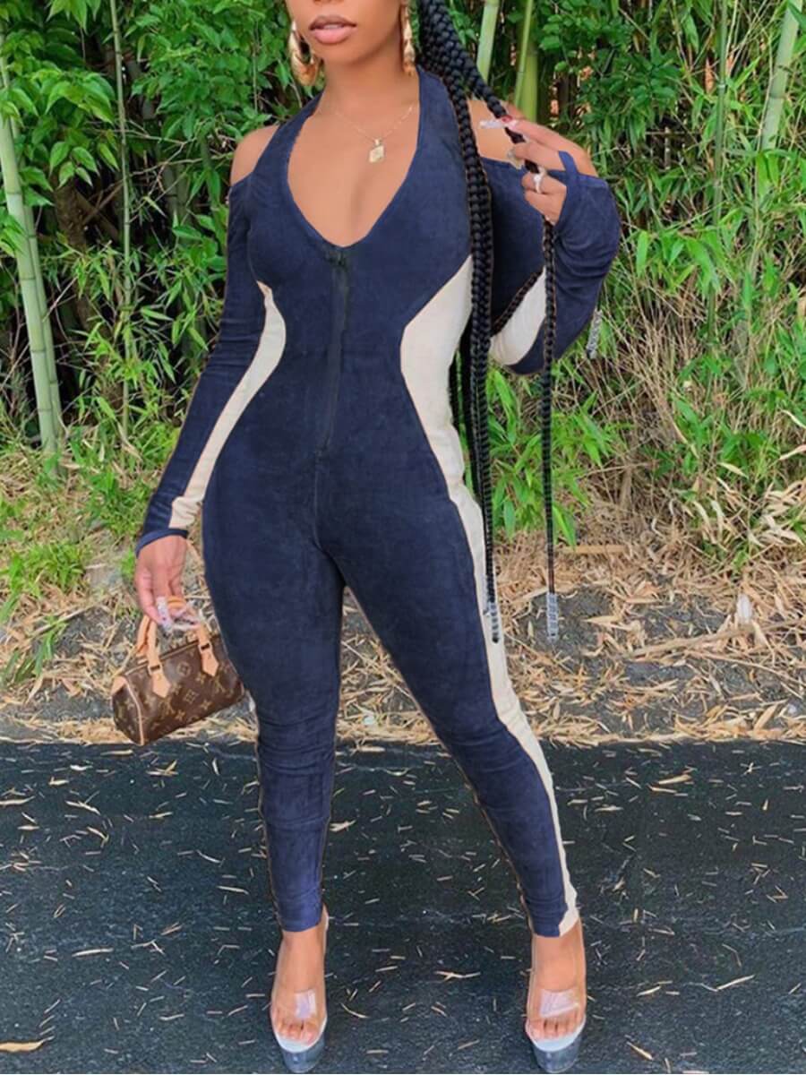 

Lovely Sportswear Hollow-out Patchwork Blue One-piece Jumpsuit