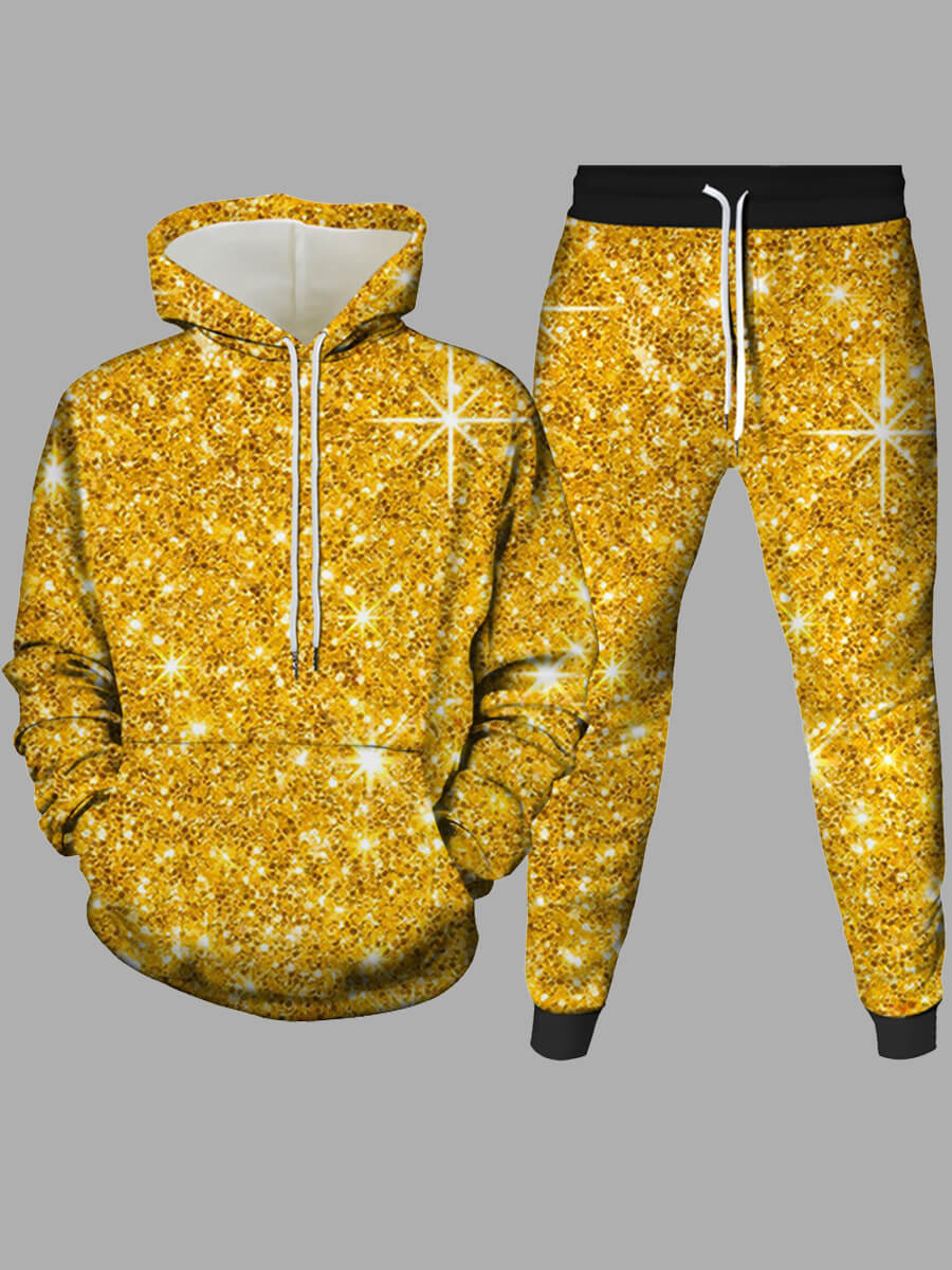 

Lovely Trendy Hooded Collar Print Gold Men Two-piece Pants Set
