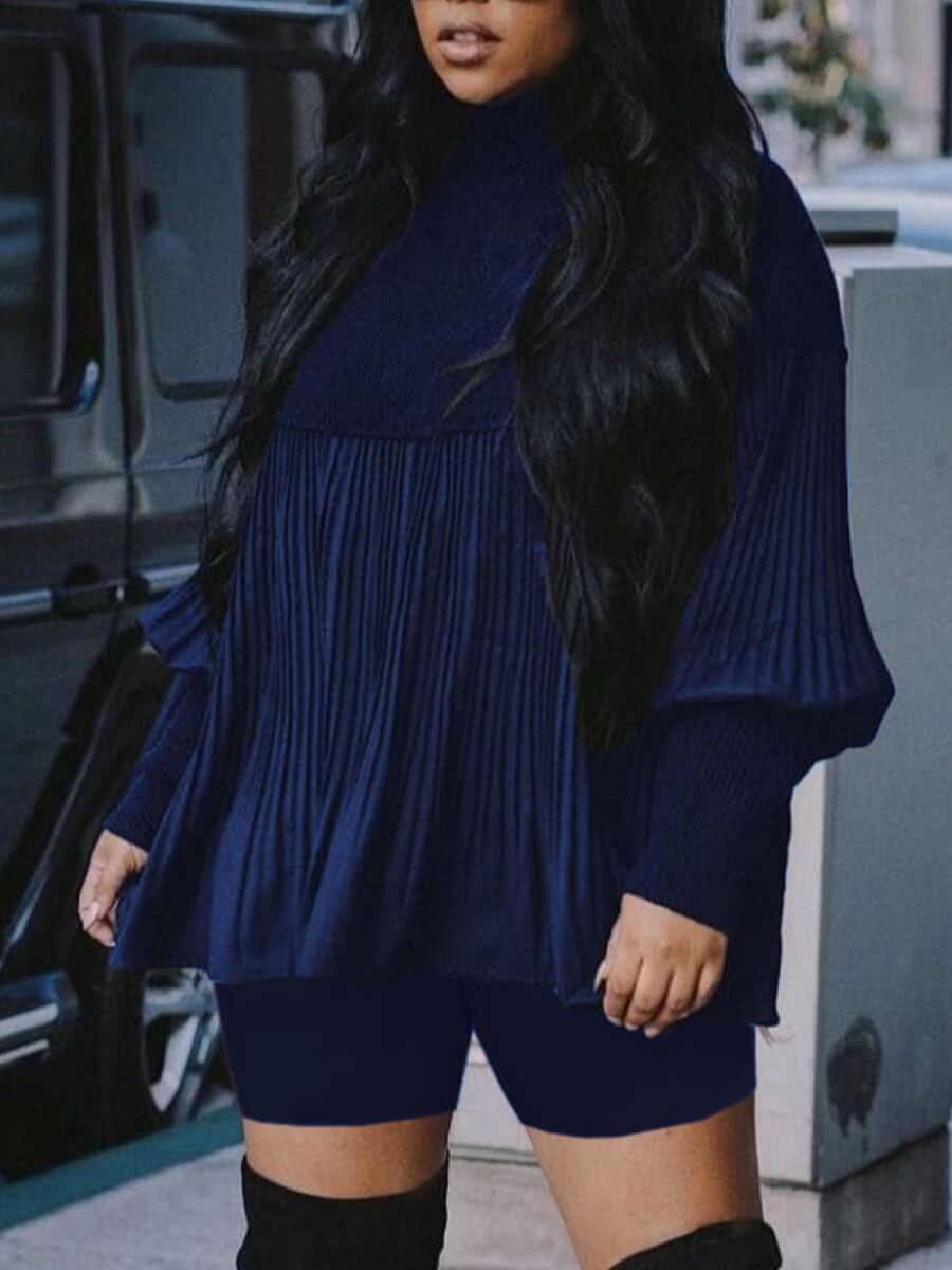 

Lovely Sweet Turtleneck Fold Design Blue Two Piece Shorts Set