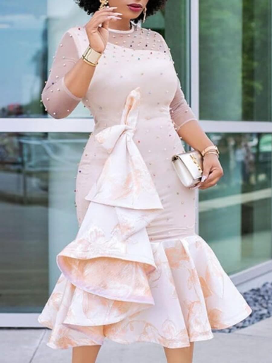 

Lovely Stylish O Neck Nail Bead Design Apricot Mid Calf Dress