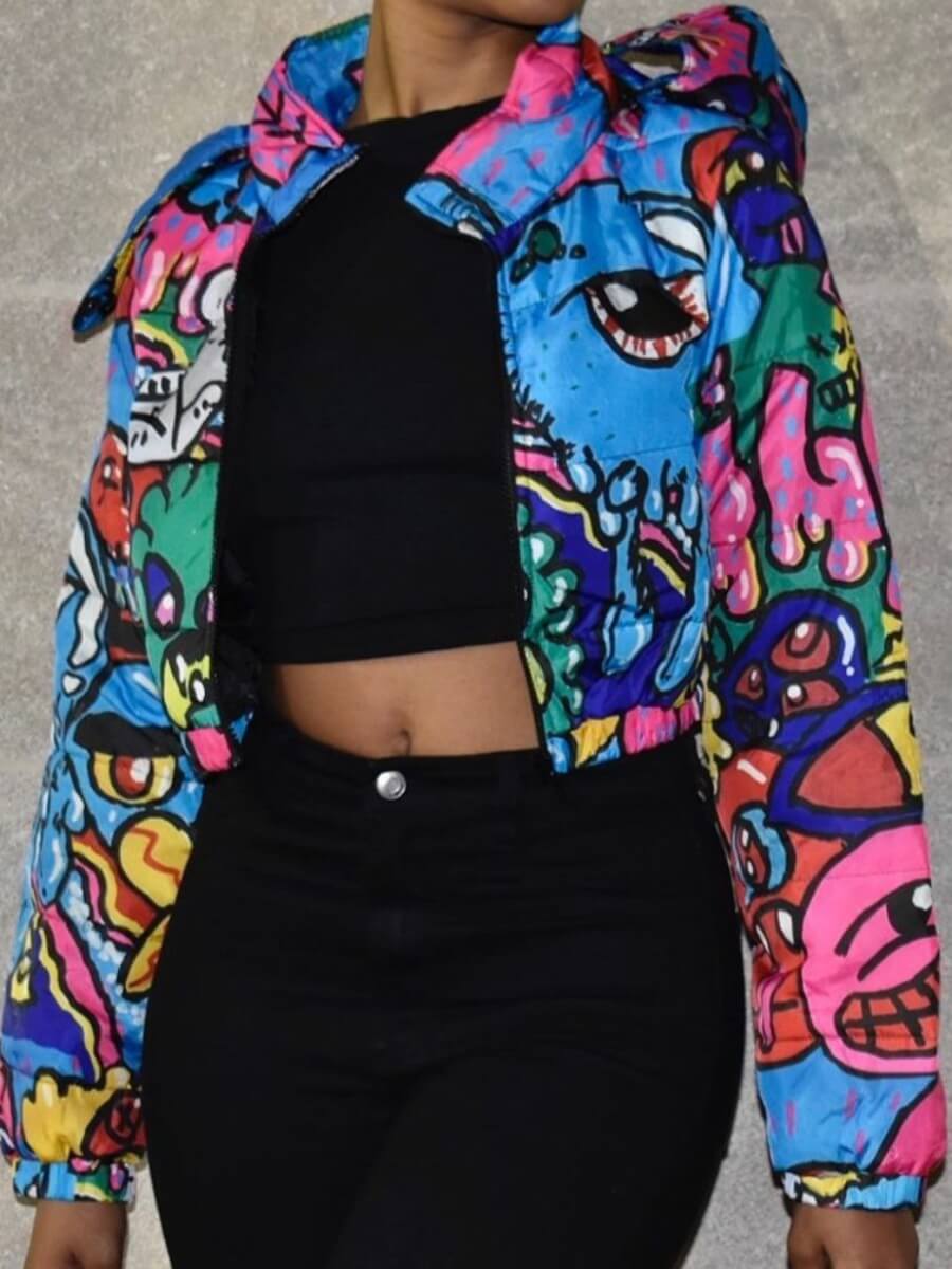 

Lovely Street Mandarin Collar Print Multicolor Parka, Multi
