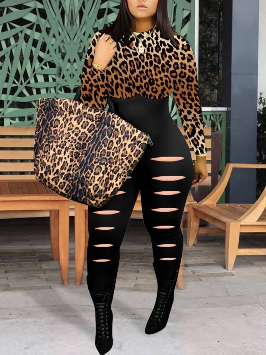 

LW Trendy O Neck Leopard Print Patchwork One-piece Jumpsuit