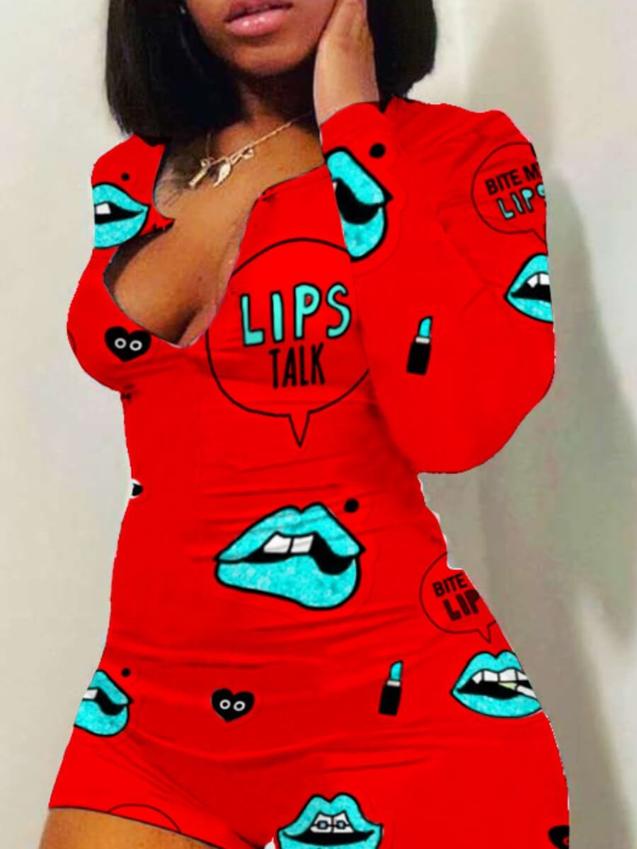 

Lovely Casual Lip Print Red One-piece Romper