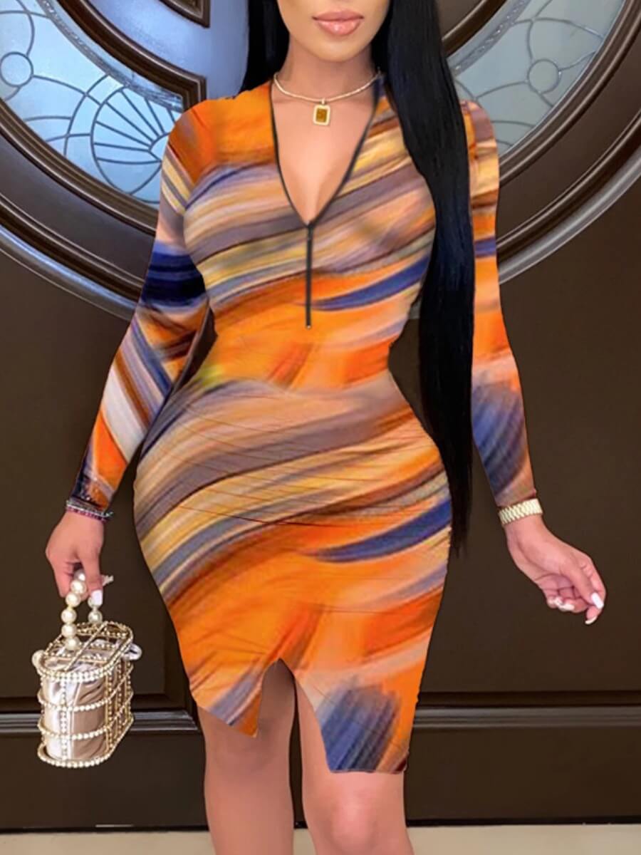 

Lovely Stylish Striped Print Zipper Design Orange Knee Length Dress