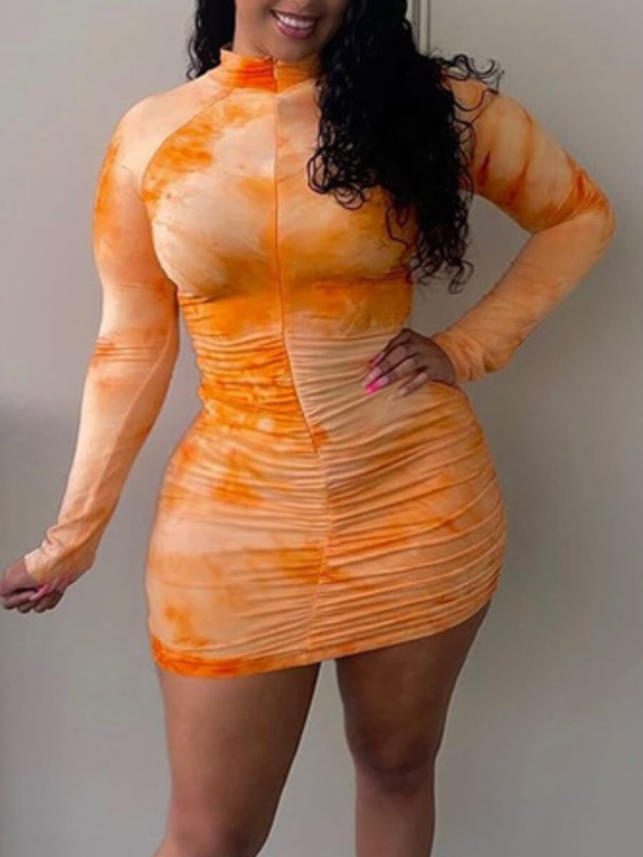 

Lovely Stylish Half A Turtleneck Tie-dye Orange Mini Dress