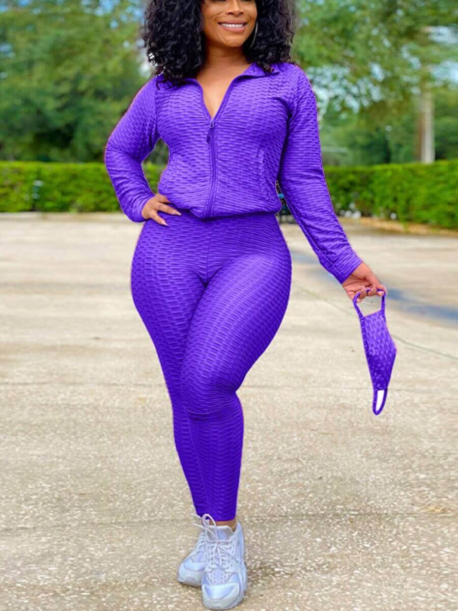 

Lovely Sportswear Turndown Collar Zipper Design Purple Two Piece Pants Set(Without Mask