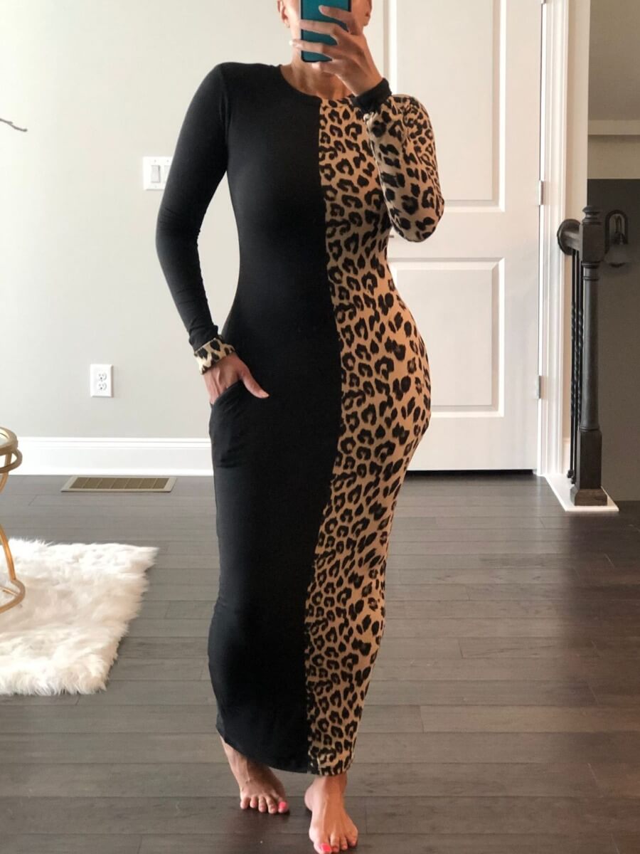 

Lovely Casual Leopard Print Patchwork Black Ankle Length Dress