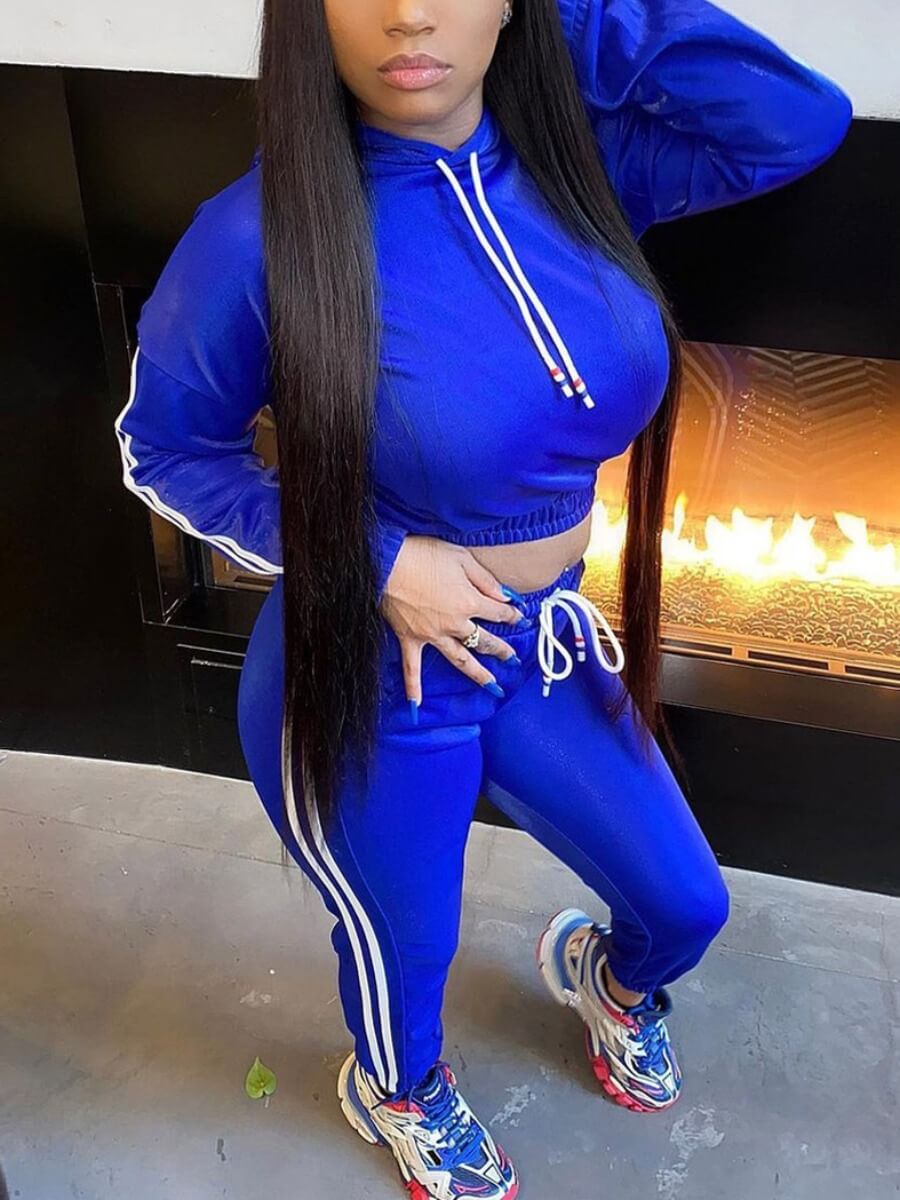 

Lovely Sportswear Hooded Collar Patchwork Blue Two Piece Pants Set