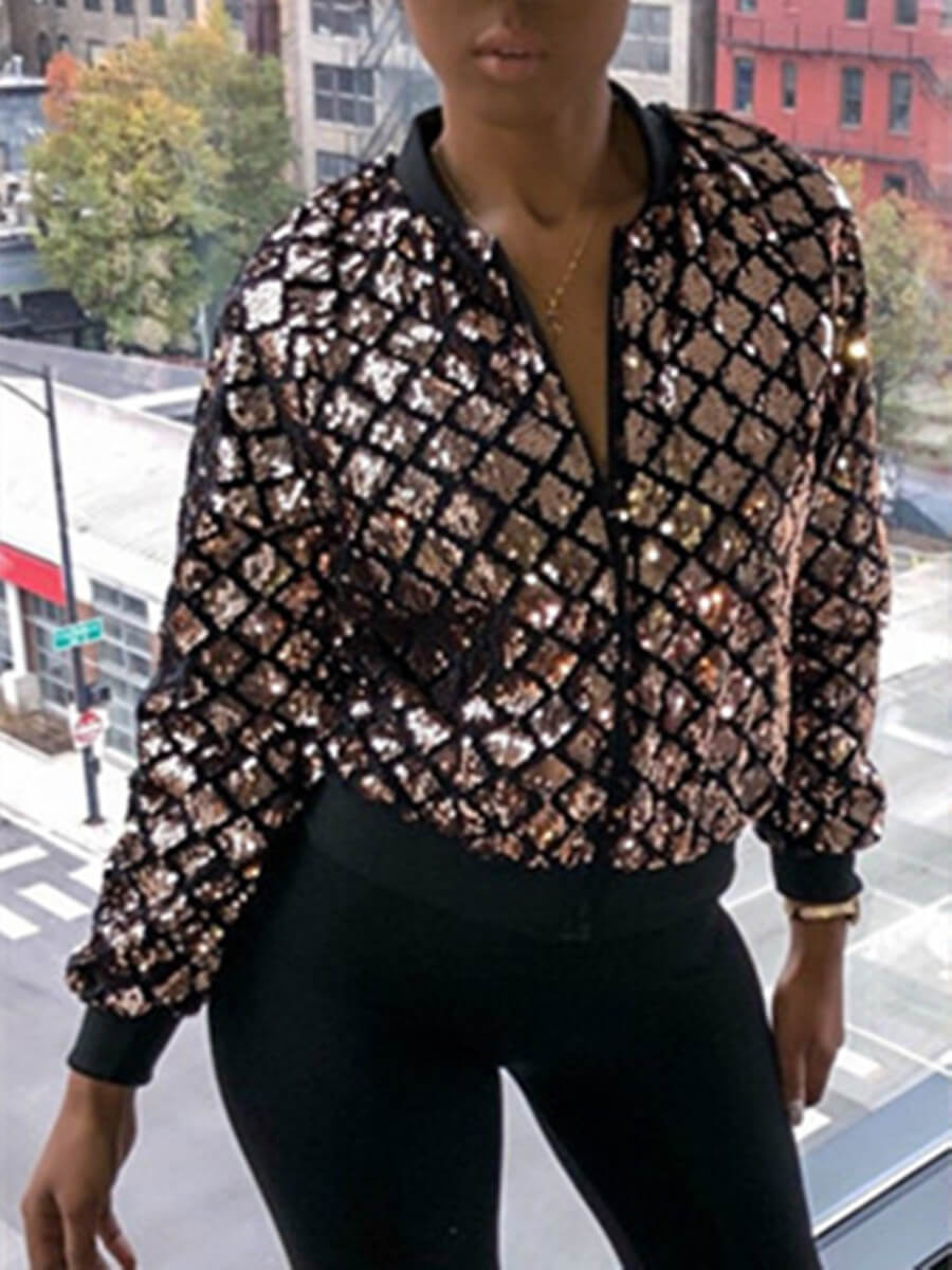 

Lovely Trendy Sequined Zipper Design Gold Coat
