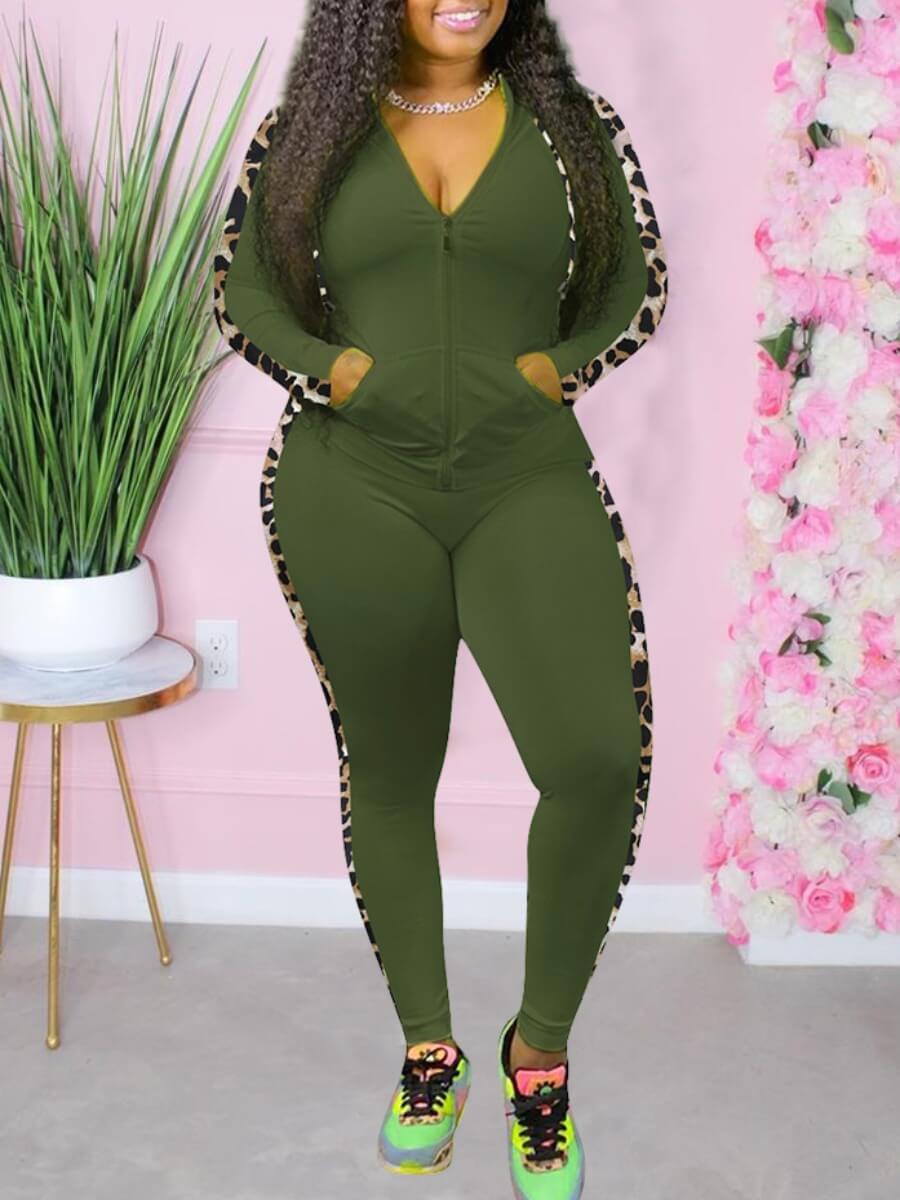 

Lovely Sportswear Print Stitching Army Green Two Piece Pants Set