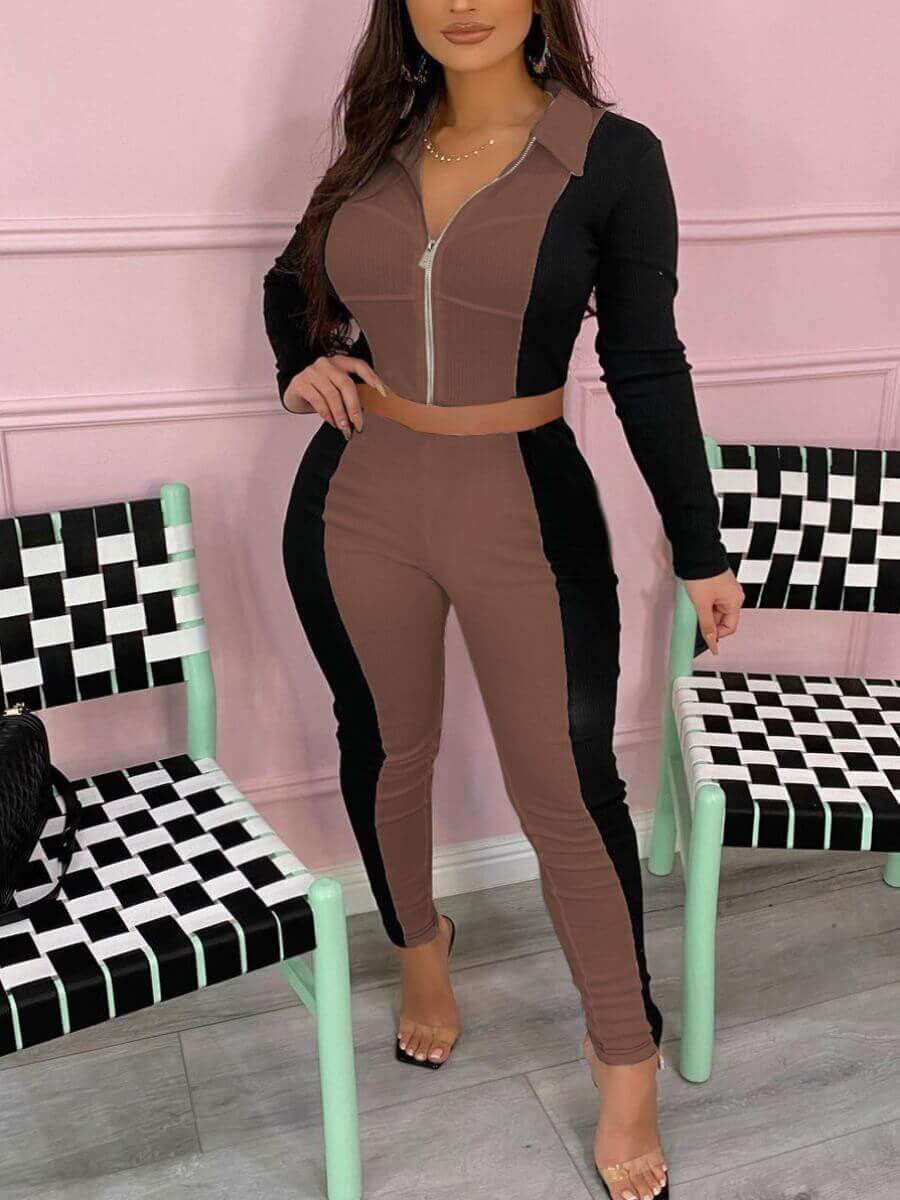 

Lovely Sportswear Patchwork Zipper Design Coffee Two Piece Pants Set