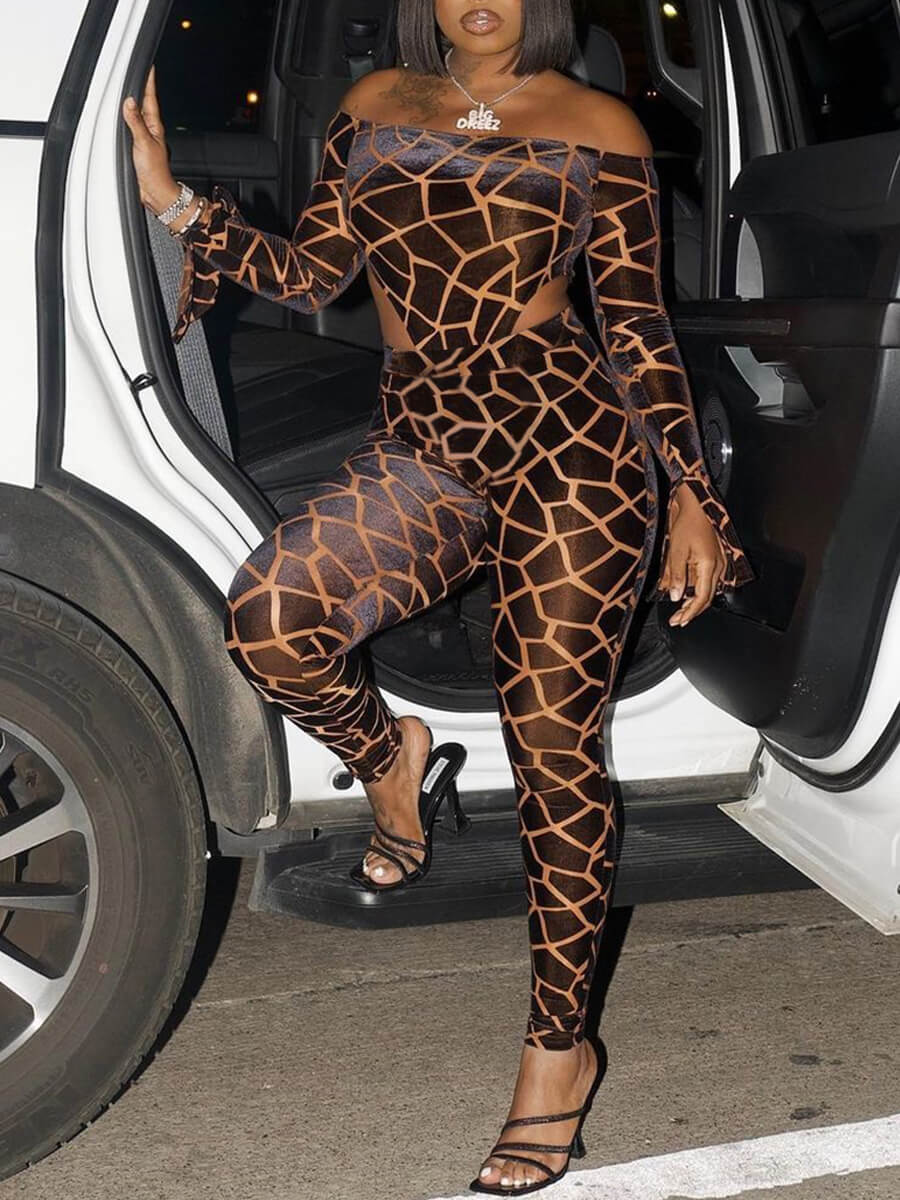 

Lovely Sexy Dew Shoulder Print Coffee One-piece Jumpsuit