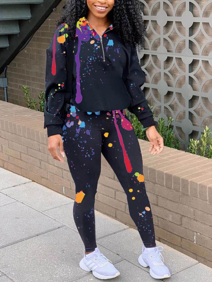 

Lovely Casual Graffiti Element Print Black Two Piece Pants Set