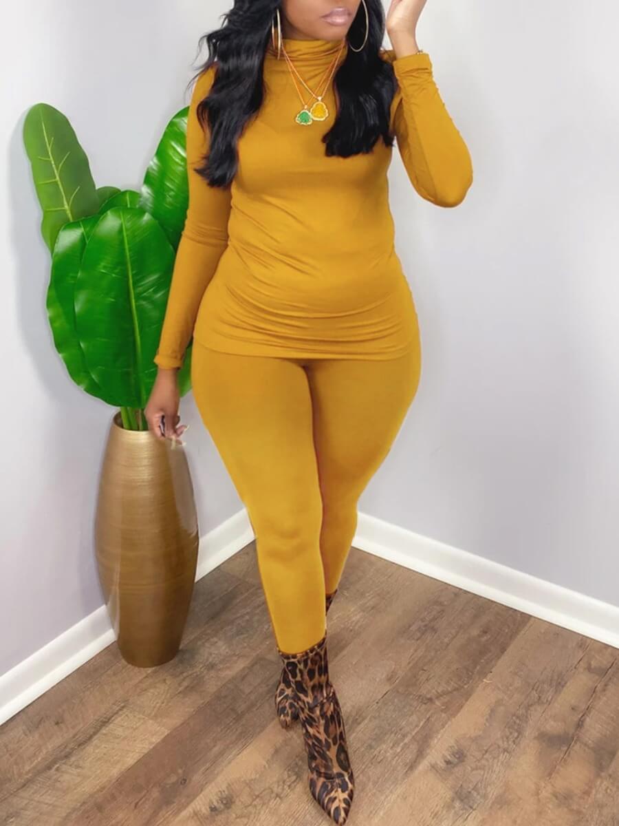 

Lovely Casual Turtleneck Basic Skinny Yellow Plus Size Two-piece Pants Set