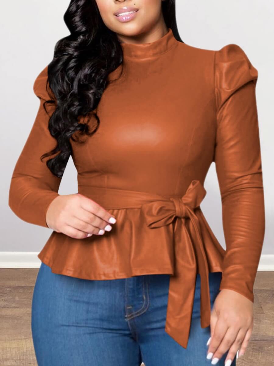 

LW BASICS Plus Size Trendy Turtleneck Folds Bow-tie Brown Blouse
