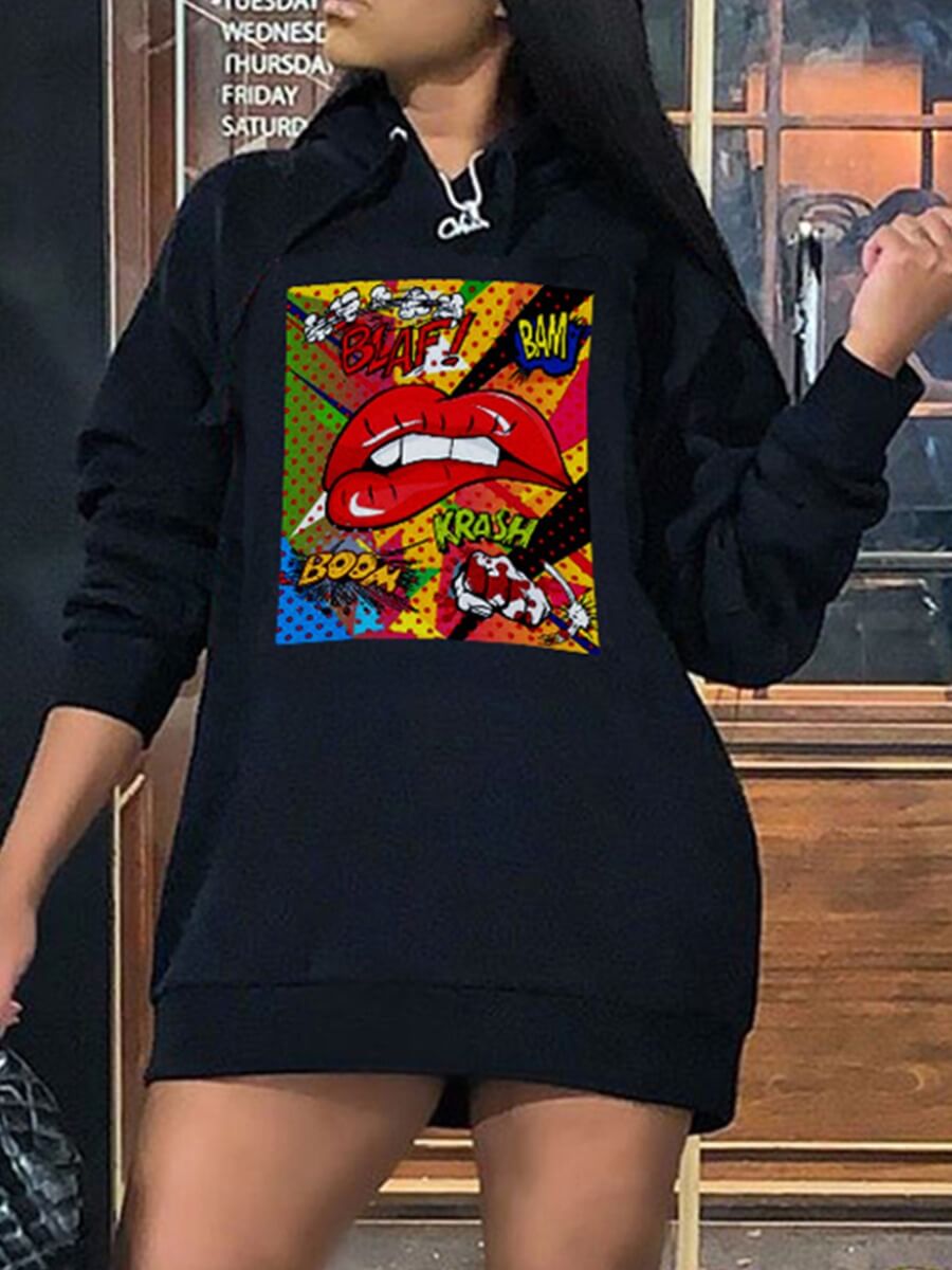 

Lovely Casual Long Sleeve Lip Print Black Hoodie