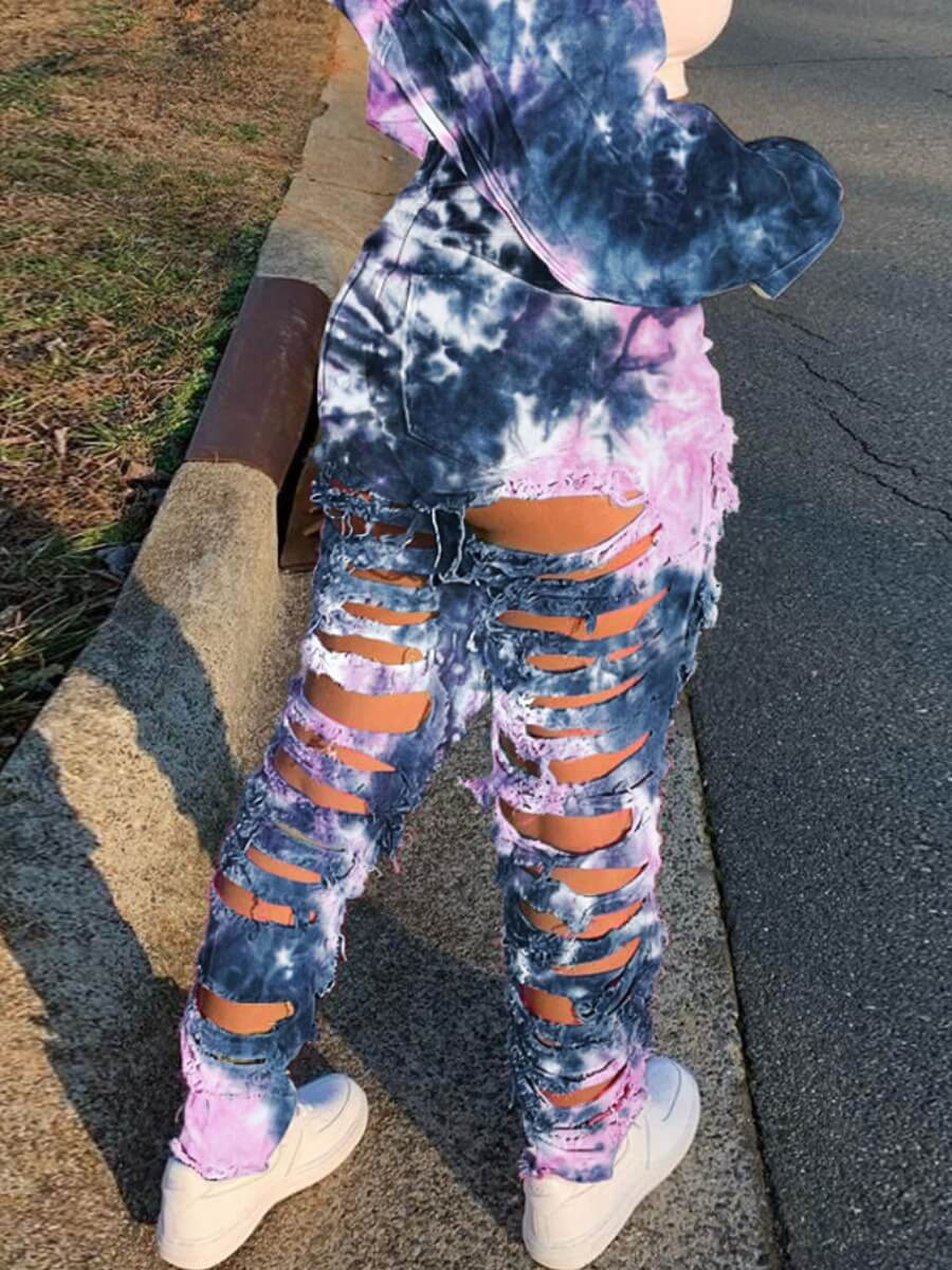 

Lovely Street Broken Holes Tie-dye Deep Blue Jeans