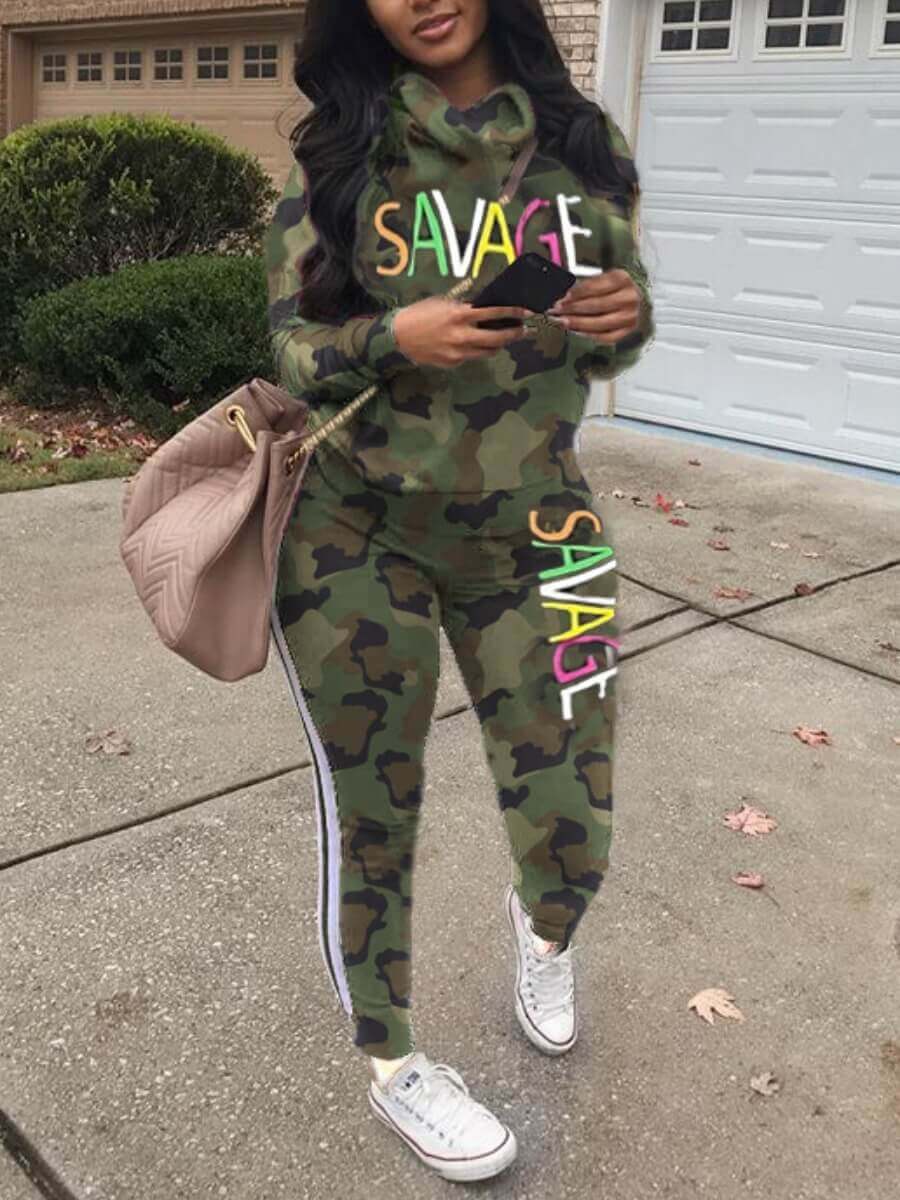LovelyWholesale Plus Size Camo Letter Print Striped Pants Set Fall Long Sleeve Sporty Basic Turtleneck  5X Spring Summer 2024