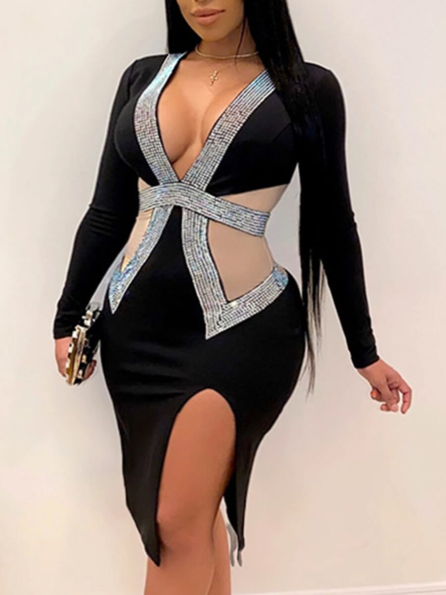 

Lovely Trendy V Neck Patchwork Black Knee Length Plus Size Dress