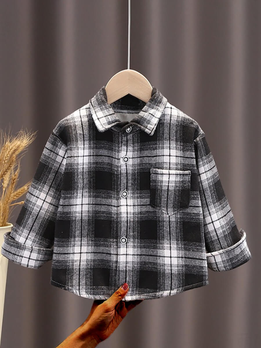 

Lovely Trendy Shirt Collar Grid Print Black And White Boy Shirt, Black & white tartan
