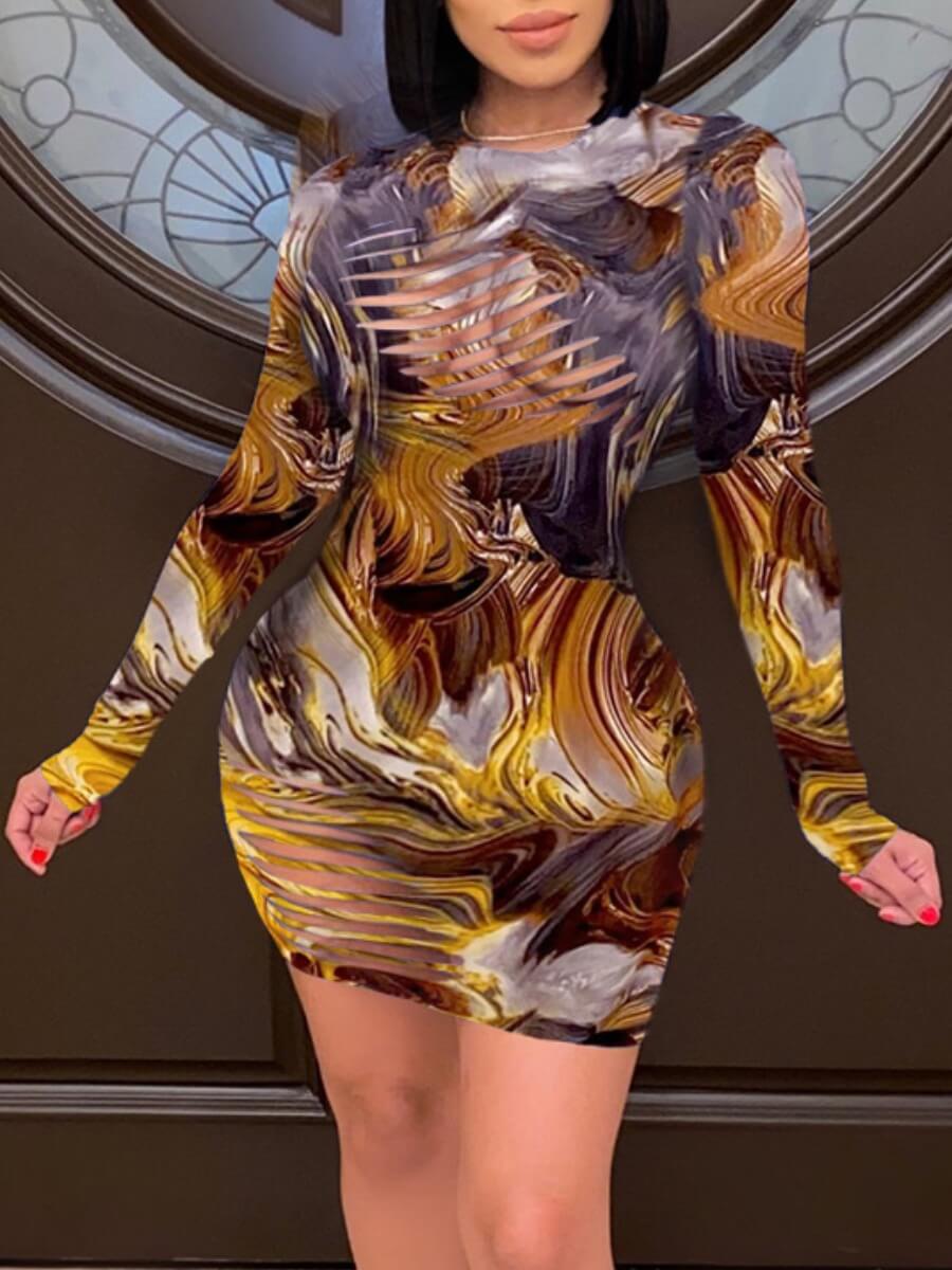 

Lovely Sweet Print Hollow-out Yellow Mini Dress