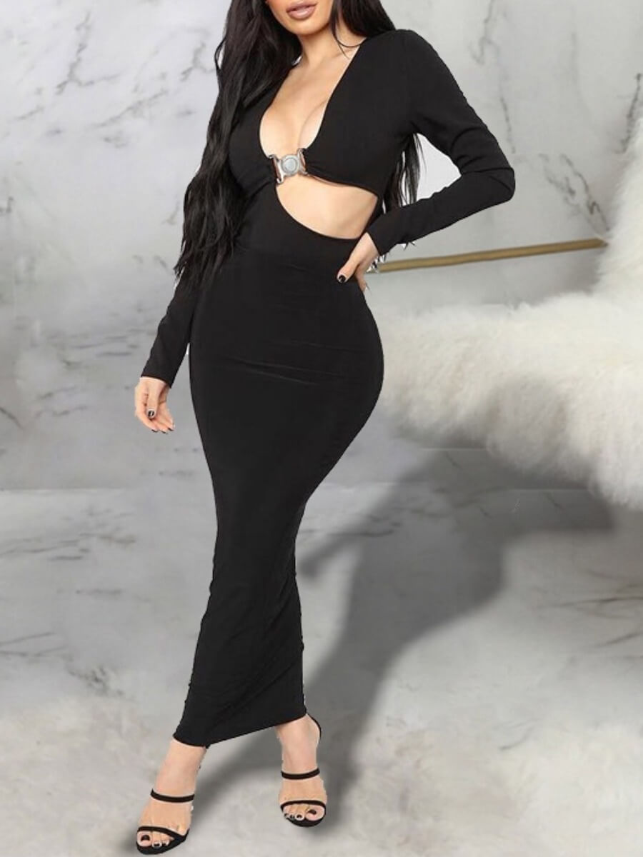 

Lovely Trenmdy Hollow-out Skinny Black Ankle Length Dress
