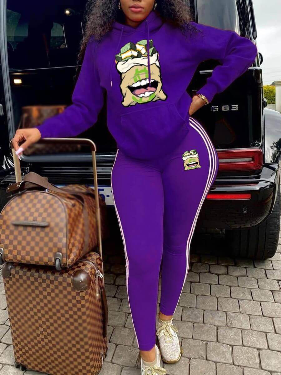 

Lovely Sportswear Hooded Collar Print Kangaroo Pocket Purple Two Piece Pants Set