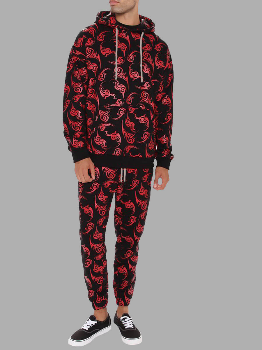 

Lovely Street Hooded Collar Print Red Men Two-piece Pants Set