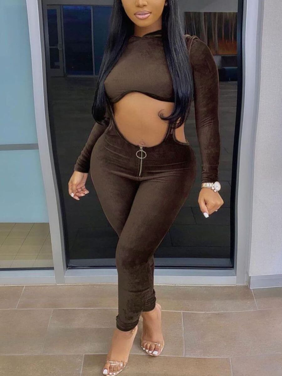 

Lovely Casual Hooded Collar Hollow-out Coffee Two Piece Pants Set