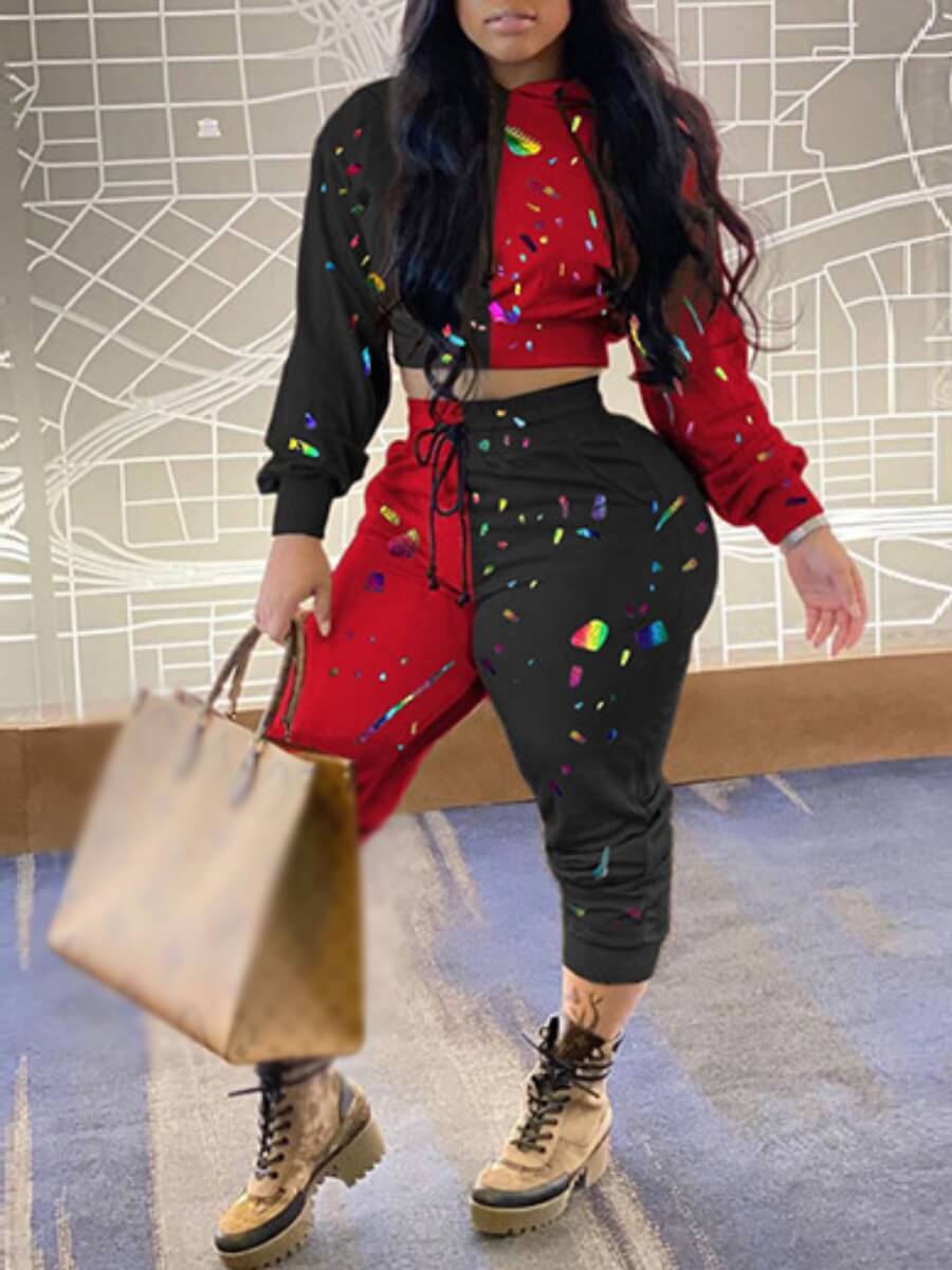 

Lovely Street Tie Dye Patchwork Wine Red Two Piece Pants Set